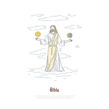 World creation myth, God holding sun and moon, legend and mythology book, religion and faith banner template. Bible page, christianity, theology concept cartoon sketch. Flat vector illustration