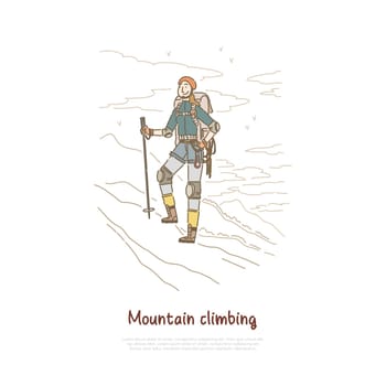 Hiking, mountain winter climbing, female hiker with professional mountaineering equipment banner template. Traveling, trekking, extreme sport, hobby concept cartoon sketch. Flat vector illustration
