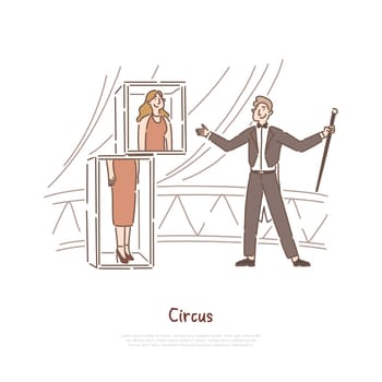 Illusionist showing magical tricks, magician and assistant performance, actors in circus arena banner template. Conjurer, sawing woman in half concept cartoon sketch. Flat vector illustration
