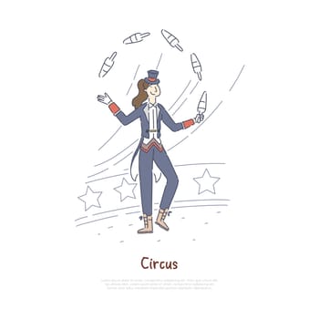 Juggler performing, professional actor in circus arena, performer juggling with pins banner template. Festival, carnival show, entertainment business concept cartoon sketch. Flat vector illustration