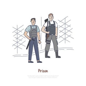 Prison guard with tools and equipment, officer on duty, armed soldier on border, jail wall, fence banner. Law enforcement, police special forces concept cartoon sketch. Flat vector illustration