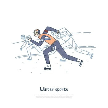 Young sportsman on ice track, professional skaters racing for championship, people on rink, speed skating banner. Winter sport, sprint competition concept cartoon sketch. Flat vector illustration