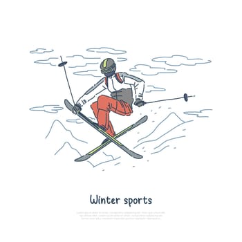 Skier in sportswear, jumper training for tournament, extreme leisure, outdoor activity , ski jumping banner. Winter sport event, skiing competition concept cartoon sketch. Flat vector illustration