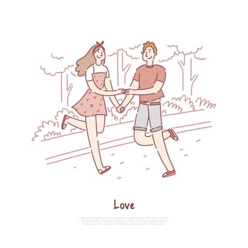 Young couple dating, cheerful boy and girl walking, strolling in park, boyfriend and girlfriend holding hands banner template. Teenage love, romance concept cartoon sketch. Flat vector illustration