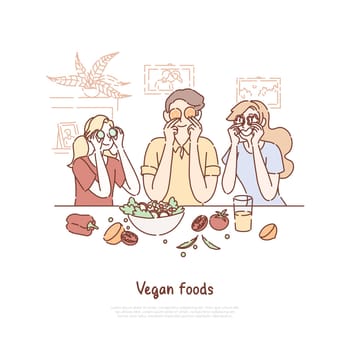 Family eating vegan food, healthy lifestyle, vegetarians cooking dinner, friends holding vegetables slices on eyes banner. Fresh veggies salad meal concept cartoon sketch. Flat vector illustration