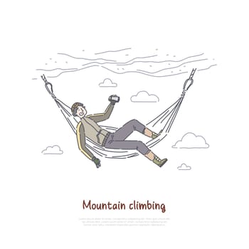Rock climbing, mountaineering, climber resting in hammock, traveler relaxing in cliff wall, taking video, photo banner. Hill bagging, nature exploring concept cartoon sketch. Flat vector illustration