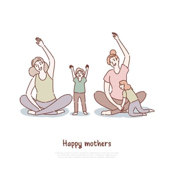 Mothers doing yoga with kids, moms and children practicing pilates, exercising, meditating in lotus pose banner template. Family healthy lifestyle concept cartoon sketch. Flat vector illustration