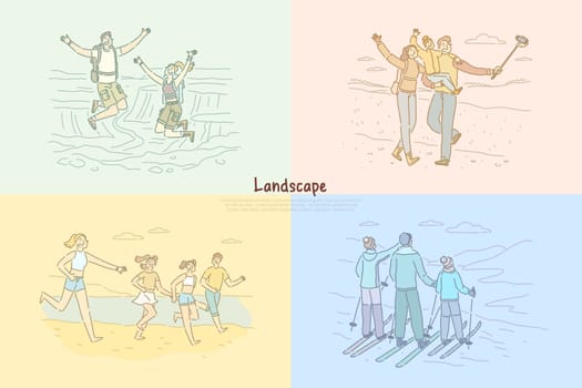 Family holiday vacation, traveling, camping, friends on sea resort , mother and father with kid doing winter sport banner. Mountains, beach landscape concept cartoon sketch. Flat vector illustration