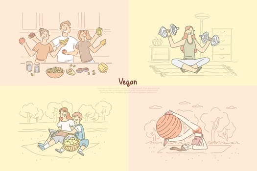 Friends cooking vegetarian meal, woman practicing pilates on nature, children on picnic, lady working out banner. Family healthy lifestyle concept cartoon sketch. Flat vector illustration