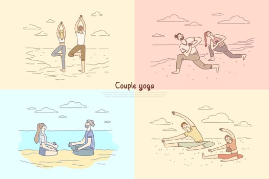 Couple yoga, man and woman meditation on nature, sitting in lotus pose, boyfriend, girlfriend at pilates class banner. Young family exercising together concept cartoon sketch. Flat vector illustration