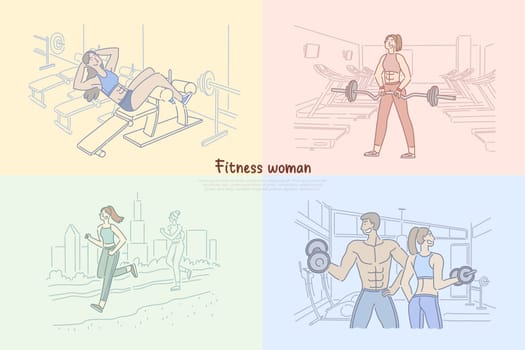 Woman working out in fitness club, bodybuilder training in gym, strong man lifting weights, girl jogging banner. Healthy lifestyle, sport concept cartoon sketch. Flat vector illustration