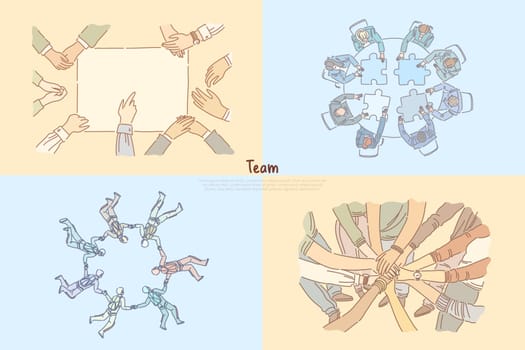 Team building, business partners coworking, office workers brainstorming, skydiving banner template. Teamwork, collaboration, international partnership concept cartoon sketch. Flat vector illustration