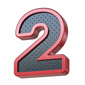 Red shinny metal and black leather font Number 2 TWO 3D render illustration isolated on white background