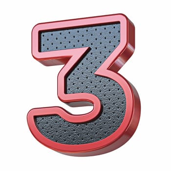 Red shinny metal and black leather font Number 3 THREE 3D render illustration isolated on white background