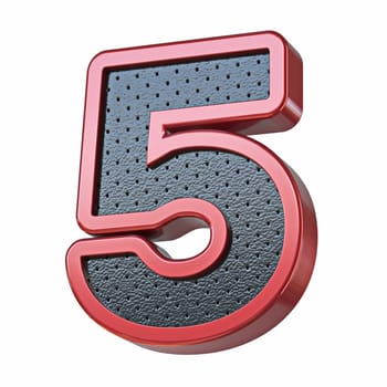 Red shinny metal and black leather font Number 5 FIVE 3D render illustration isolated on white background