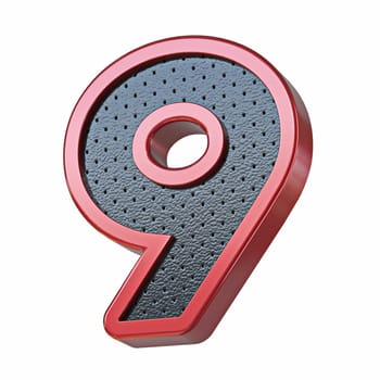 Red shinny metal and black leather font Number 9 NINE 3D render illustration isolated on white background