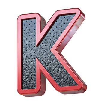 Red shinny metal and black leather font Letter K 3D render illustration isolated on white background