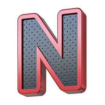 Red shinny metal and black leather font Letter N 3D render illustration isolated on white background