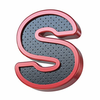 Red shinny metal and black leather font Letter S 3D render illustration isolated on white background