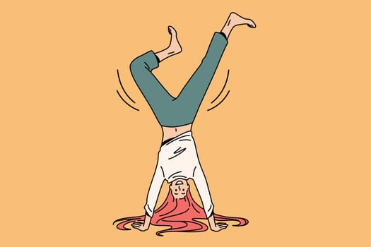 Acrobatics and feeling positive concept. Young positive girl cartoon character standing balancing on hands barefoot over yellow background vector illustration