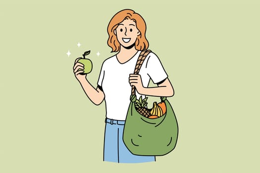 Healthy eating and lifestyle concept. Young smiling woman cartoon character standing with shopping bag full of fresh fruits after market vector illustration