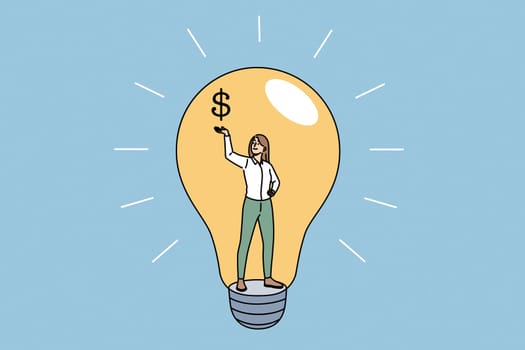Idea, creativity and profit concept. Young smiling business woman standing inside of light bulb holding dollar sign on raised hand vector illustration