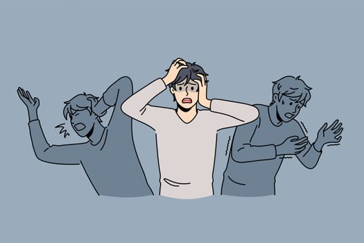 Inner fears and panic concept. Young stressed frustrated man feeling chocked with afraid shadows around vector illustration