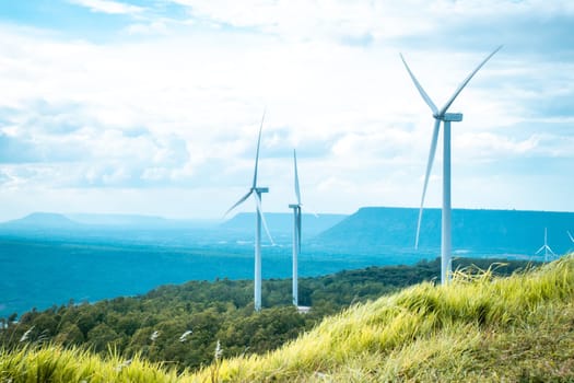 Panorama view of Wind power windmill generators farm of Electricity Generating Authority of Thailand at Khao Yai Tien Nakhon Ratchasima  Korat Khaoyai  Thailand