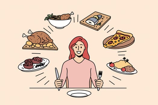 Food and nutriment choice concept. Young smiling woman cartoon character sitting at table ready to eat and choose between various calorie dishes vector illustration