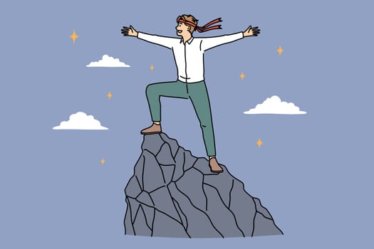 Business success, development and achievement concept. Young smiling businessman cartoon character standing on top of mountain feeling confident freedom vector illustration