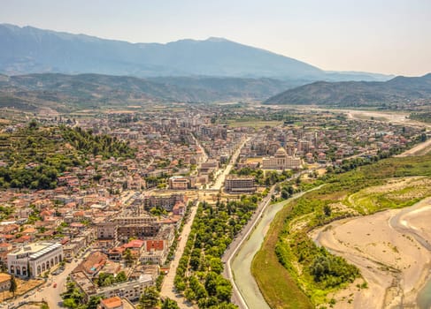 The Panorama of the historic city of Berat in Albania. Top view from the castle