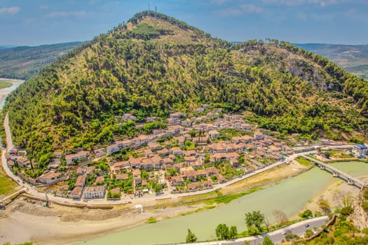 The Panorama of the historic city of Berat in Albania. Top view from the castle