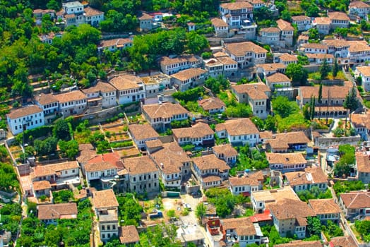 The roofs of old houses from above as background