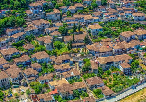 The roofs of old houses from above as background
