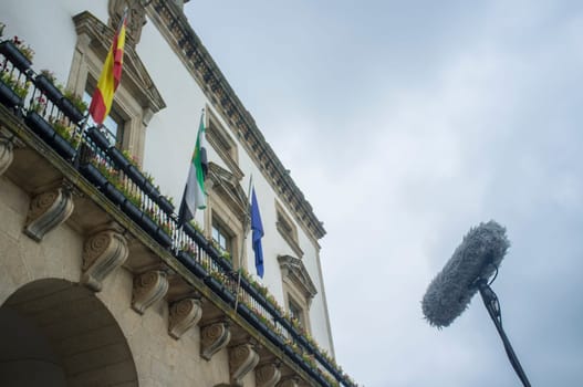 Shotgun microphone with boom pole. Spanish Town Hall building as background