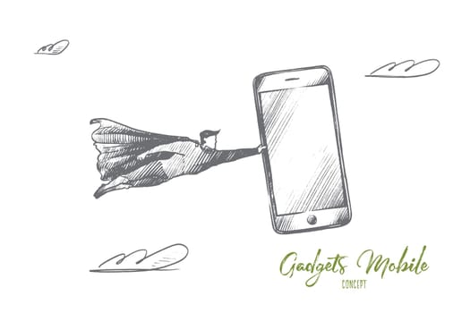 Gadgets mobile concept. Hand drawn superhero with smartphone in hand. Flying man holds giant mobile phone with touchs screen isolated vector illustration.
