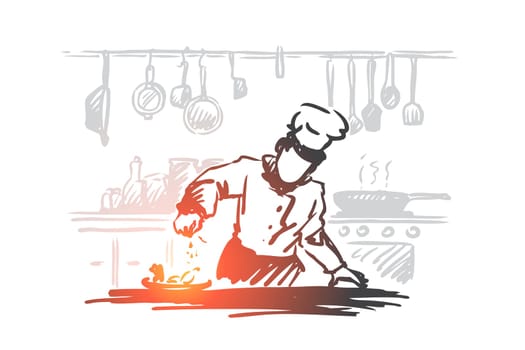 Cooking, chef, food, meal concept. Hand drawn chef preparing dish in restaurant concept sketch. Isolated vector illustration.