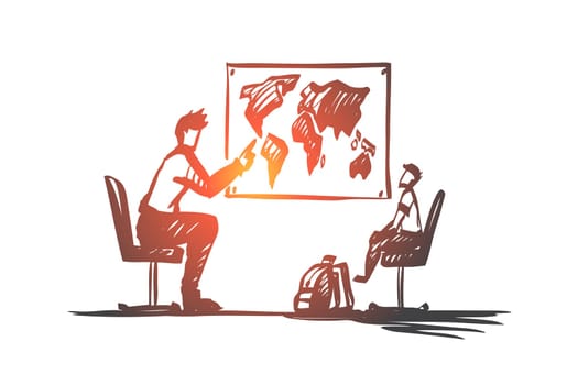 Father, son, family, parenting, teaching concept. Hand drawn father teaches his son geography concept sketch. Isolated vector illustration.