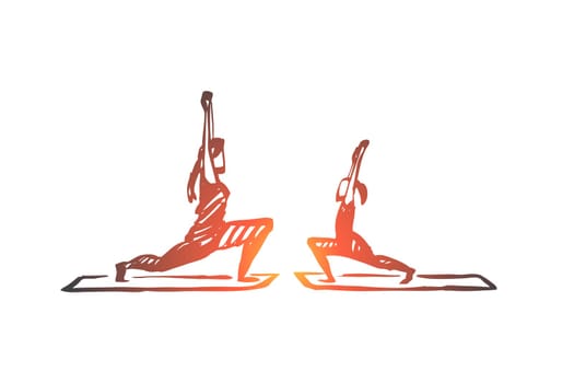 Mom, daughter, yoga, family concept. Hand drawn mother and daughter doing yoga exercises together concept sketch. Isolated vector illustration.