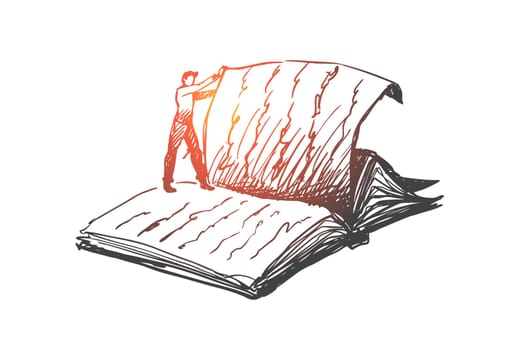 Book, reading, library, read concept. Hand drawn person standing on giant book and thumbs page concept sketch. Isolated vector illustration.