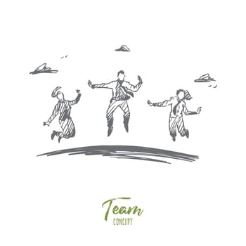 Business, team, success, teamwork concept. Hand drawn business team jumping and celebrating success concept sketch. Isolated vector illustration.