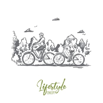 Family, bicycle, sport, happy, lifestyle concept. Hand drawn family walking with bicycles outdoor concept sketch. Isolated vector illustration.