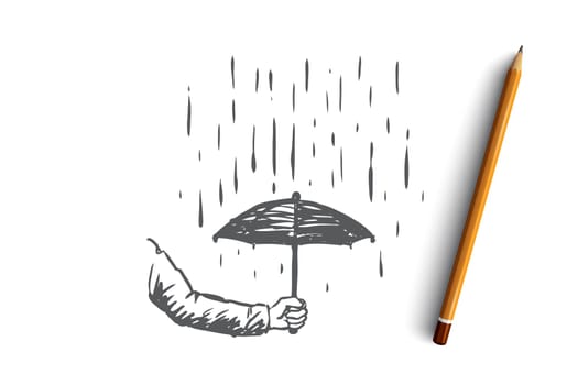 Care, protection, security, business concept. Hand drawn human hand with umbrella and raining concept sketch. Isolated vector illustration.