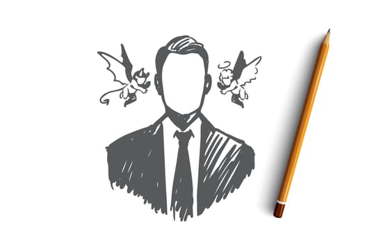 Choice, intuition, businessman, doubt, opposition concept. Hand drawn person with angel and demon near his head concept sketch. Isolated vector illustration.