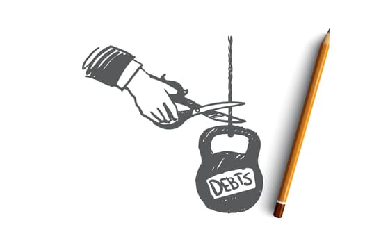 Debts, credit, money, bank, tax concept. Hand drawn human's hand cut weight with debt concept sketch. Isolated vector illustration.