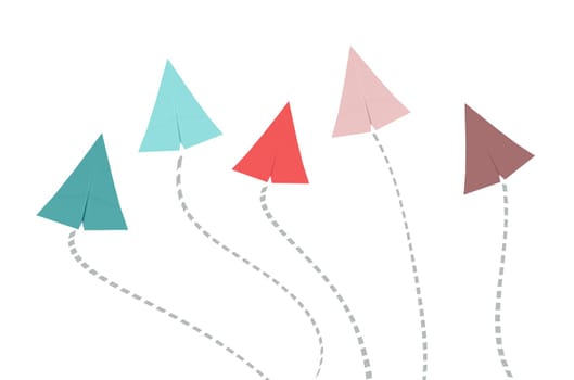 Paper airplanes in different colors on a white background, standing out, sky rocket