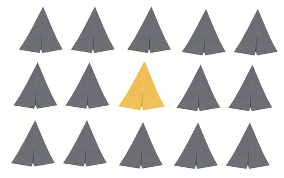 Paper airplanes in different colors on a white background, standing out, sky rocket