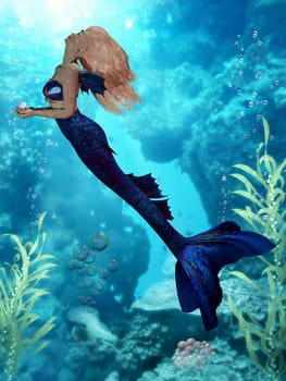 Holding a huge beautiful pearl a blue mermaid rises to the ocean surface.