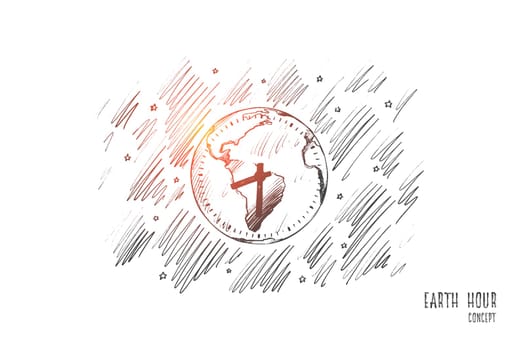 Earth hour concept. Hand drawn planet Earth saving. Protect environment isolated vector illustration.