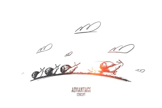 Advantage concept. Hand drawn sprint fast of snails like competition. Four snails racing forward isolated vector illustration.